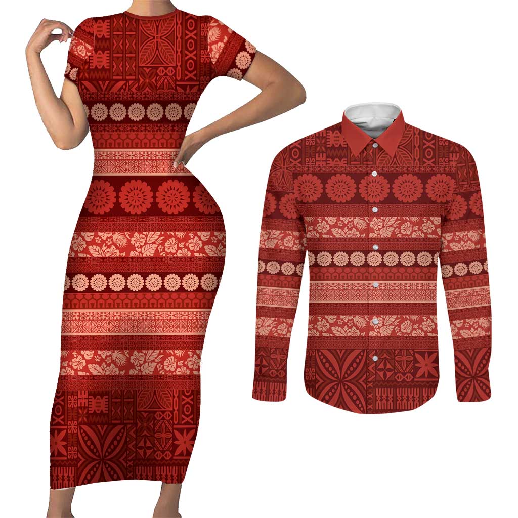 Fiji Marau na Kerisimasi Couples Matching Short Sleeve Bodycon Dress and Long Sleeve Button Shirt Red Tapa Masi Inspired Christmas LT9 Red - Polynesian Pride
