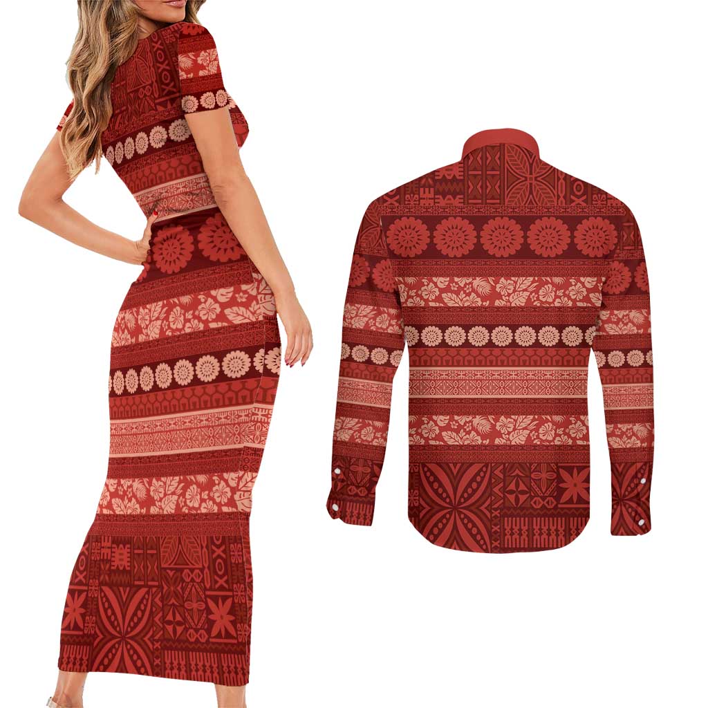 Fiji Marau na Kerisimasi Couples Matching Short Sleeve Bodycon Dress and Long Sleeve Button Shirt Red Tapa Masi Inspired Christmas LT9 - Polynesian Pride