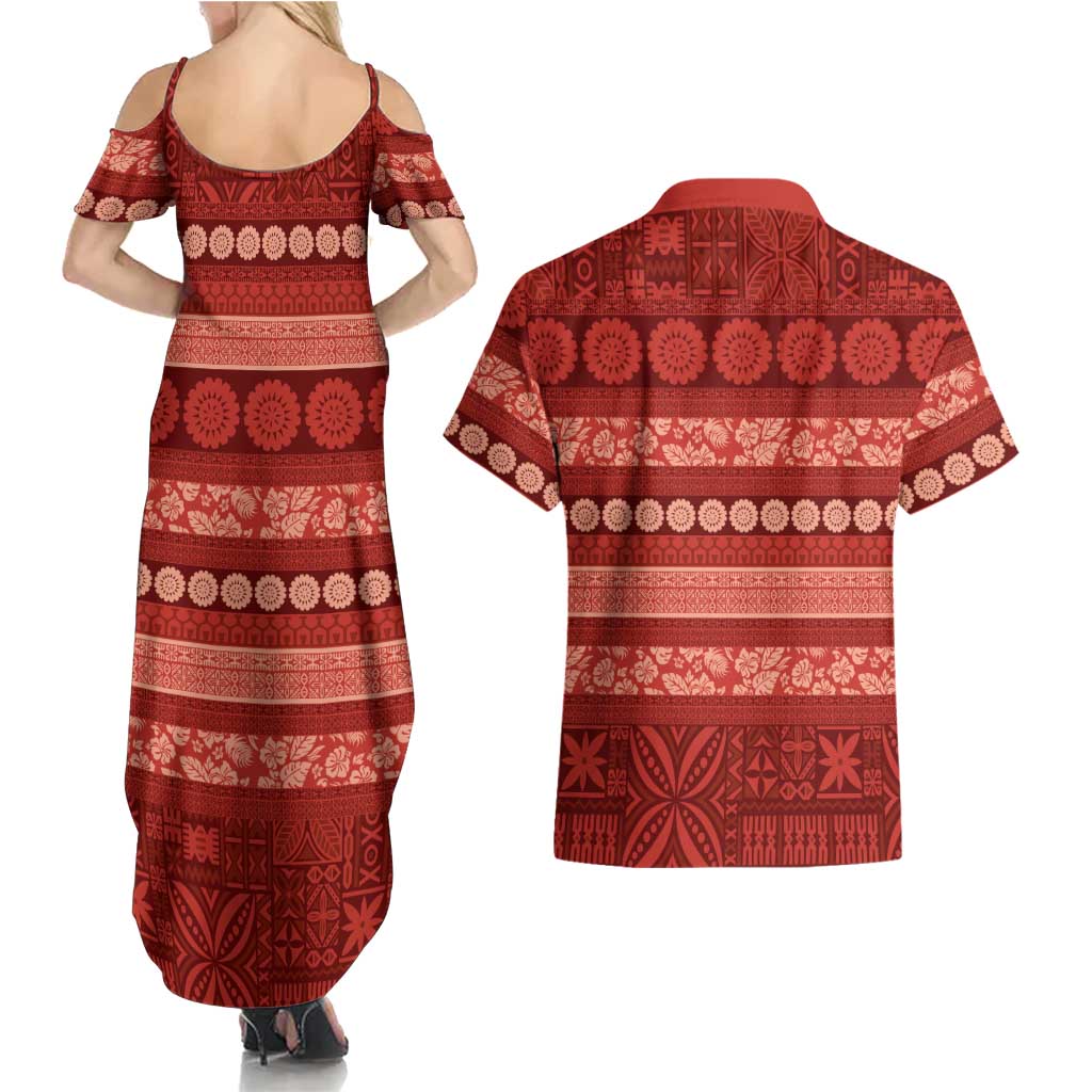 Fiji Marau na Kerisimasi Couples Matching Summer Maxi Dress and Hawaiian Shirt Red Tapa Masi Inspired Christmas LT9 - Polynesian Pride