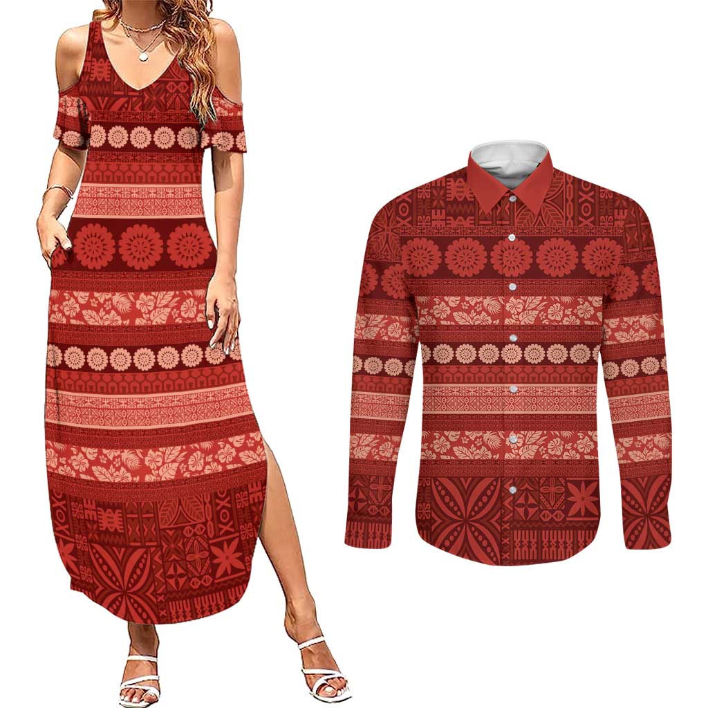 Fiji Marau na Kerisimasi Couples Matching Summer Maxi Dress and Long Sleeve Button Shirt Red Tapa Masi Inspired Christmas - Polynesian Pride