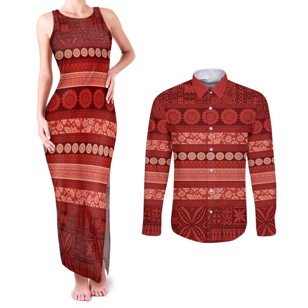 Fiji Marau na Kerisimasi Couples Matching Tank Maxi Dress and Long Sleeve Button Shirt Red Tapa Masi Inspired Christmas - Polynesian Pride