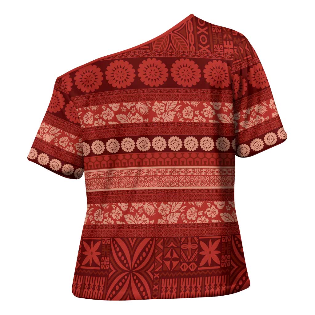 Fiji Marau na Kerisimasi Cross Shoulder Shirt Red Tapa Masi Inspired Christmas - Polynesian Pride