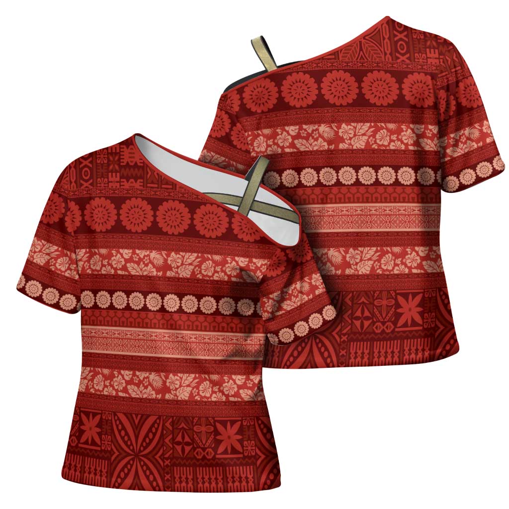 Fiji Marau na Kerisimasi Cross Shoulder Shirt Red Tapa Masi Inspired Christmas - Polynesian Pride