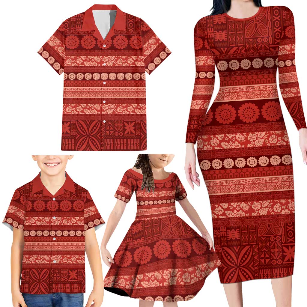 Fiji Marau na Kerisimasi Family Matching Long Sleeve Bodycon Dress and Hawaiian Shirt Red Tapa Masi Inspired Christmas - Polynesian Pride