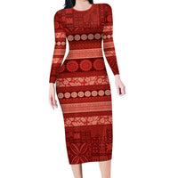 Fiji Marau na Kerisimasi Family Matching Long Sleeve Bodycon Dress and Hawaiian Shirt Red Tapa Masi Inspired Christmas LT9 Mom's Dress Red - Polynesian Pride