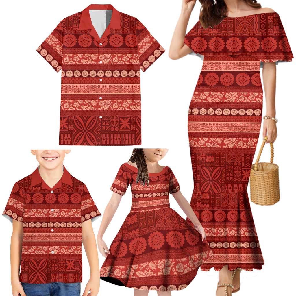 Fiji Marau na Kerisimasi Family Matching Mermaid Dress and Hawaiian Shirt Red Tapa Masi Inspired Christmas LT9 - Polynesian Pride
