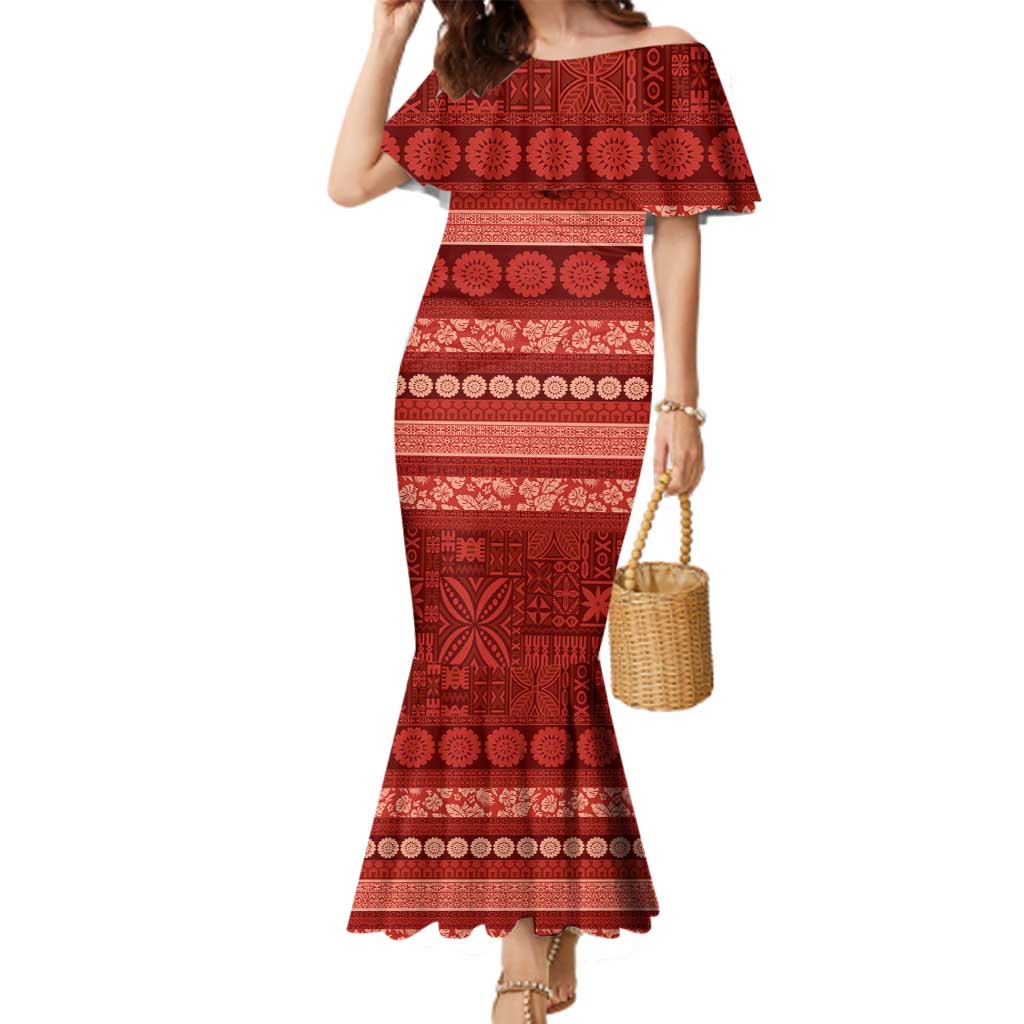 Fiji Marau na Kerisimasi Family Matching Mermaid Dress and Hawaiian Shirt Red Tapa Masi Inspired Christmas LT9 Mom's Dress Red - Polynesian Pride