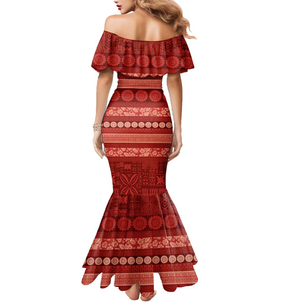 Fiji Marau na Kerisimasi Family Matching Mermaid Dress and Hawaiian Shirt Red Tapa Masi Inspired Christmas LT9 - Polynesian Pride