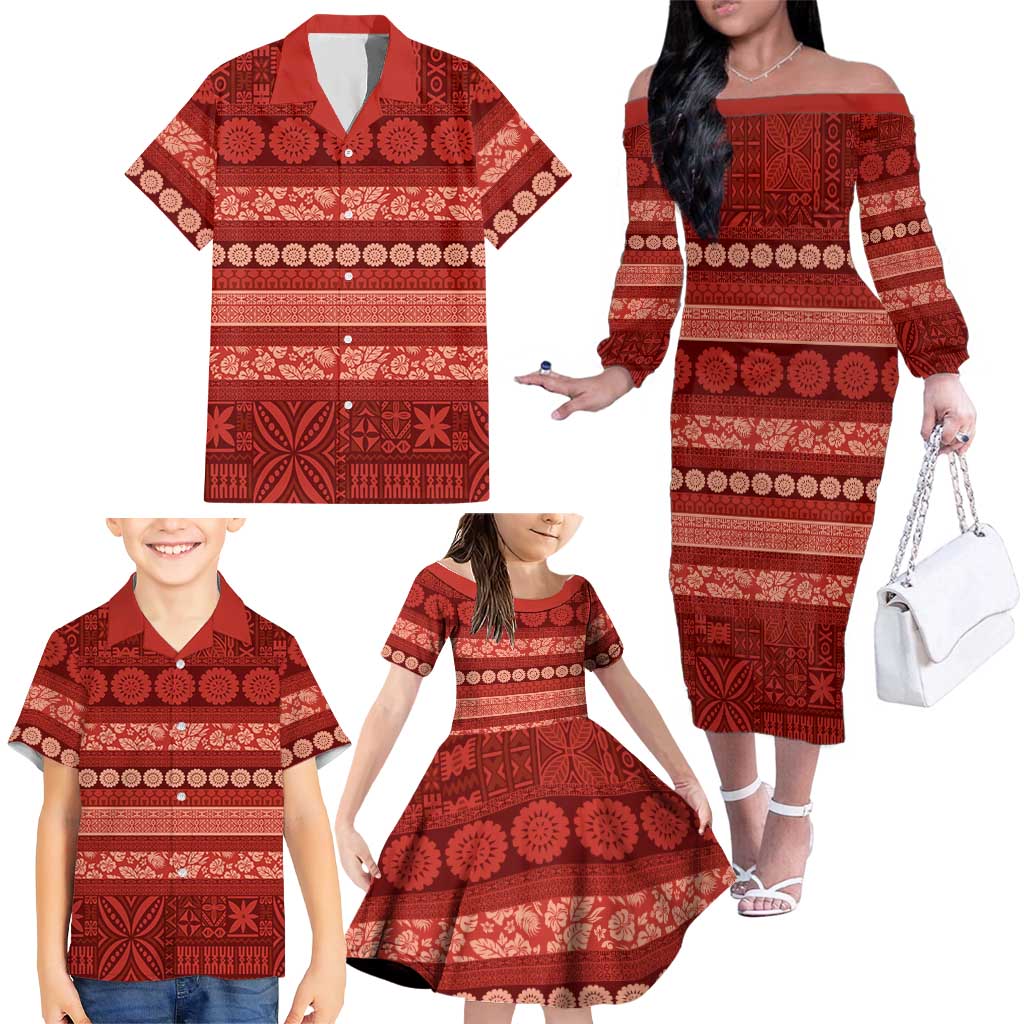 Fiji Marau na Kerisimasi Family Matching Off The Shoulder Long Sleeve Dress and Hawaiian Shirt Red Tapa Masi Inspired Christmas LT9 - Polynesian Pride