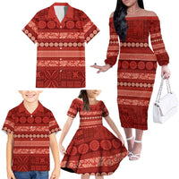 Fiji Marau na Kerisimasi Family Matching Off The Shoulder Long Sleeve Dress and Hawaiian Shirt Red Tapa Masi Inspired Christmas LT9 - Polynesian Pride