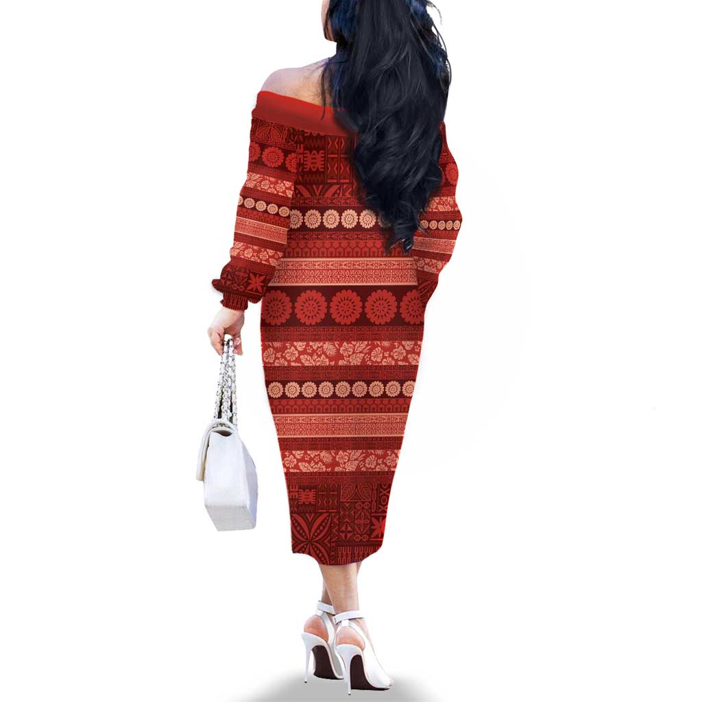 Fiji Marau na Kerisimasi Family Matching Off The Shoulder Long Sleeve Dress and Hawaiian Shirt Red Tapa Masi Inspired Christmas LT9 - Polynesian Pride