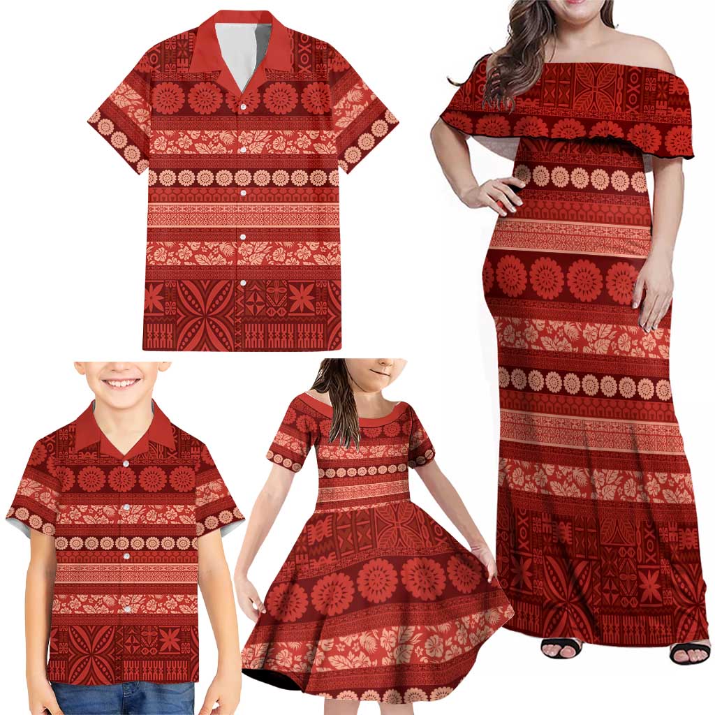 Fiji Marau na Kerisimasi Family Matching Off Shoulder Maxi Dress and Hawaiian Shirt Red Tapa Masi Inspired Christmas LT9 - Polynesian Pride