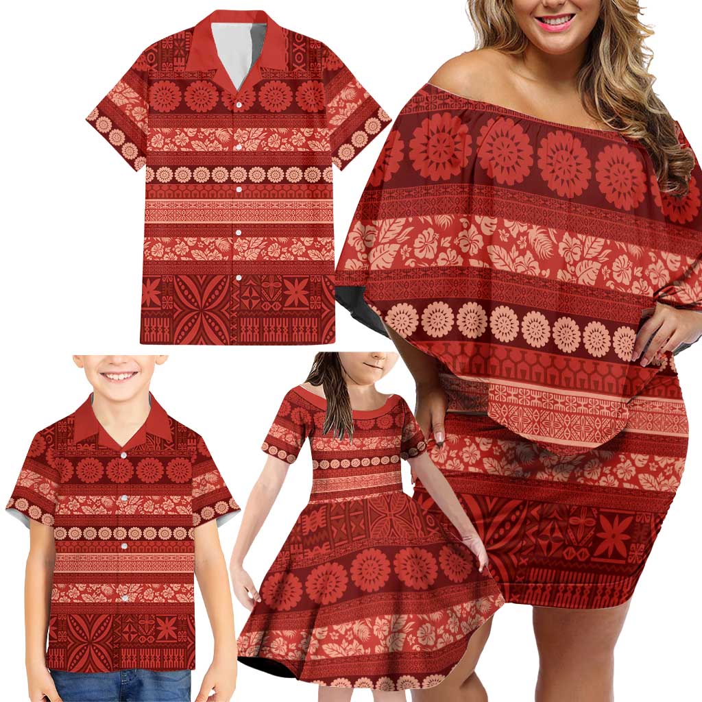 Fiji Marau na Kerisimasi Family Matching Off Shoulder Short Dress and Hawaiian Shirt Red Tapa Masi Inspired Christmas - Polynesian Pride