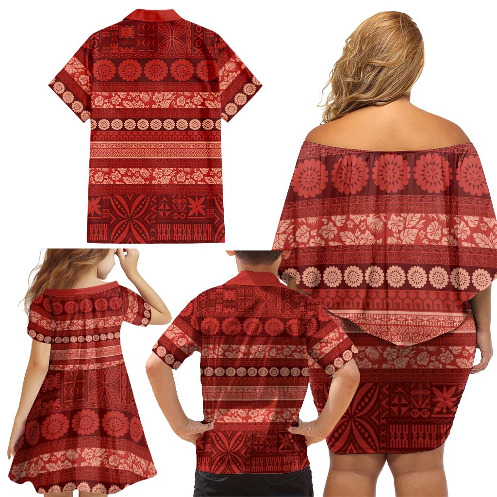 Fiji Marau na Kerisimasi Family Matching Off Shoulder Short Dress and Hawaiian Shirt Red Tapa Masi Inspired Christmas LT9 - Polynesian Pride