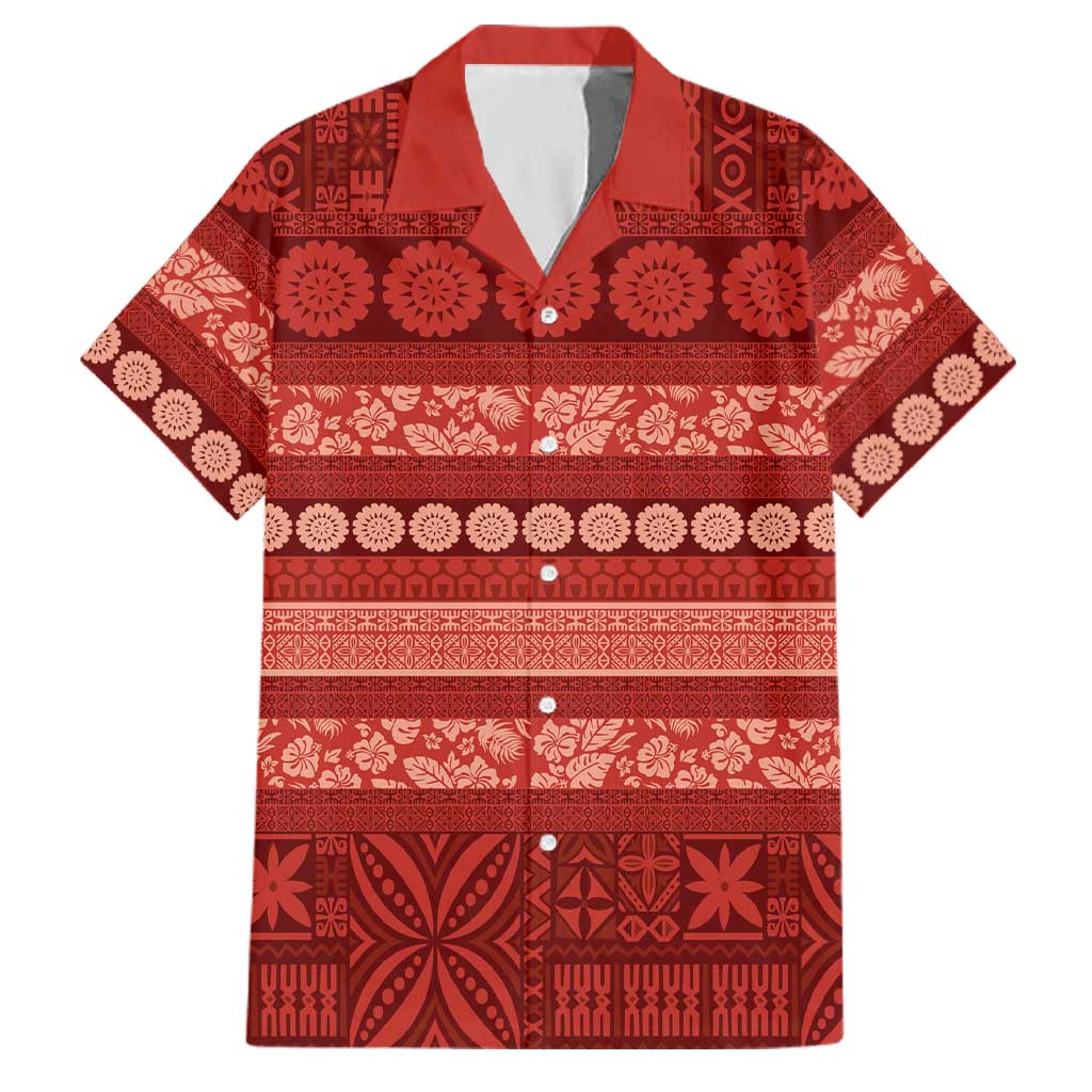 Fiji Marau na Kerisimasi Family Matching Off Shoulder Short Dress and Hawaiian Shirt Red Tapa Masi Inspired Christmas LT9 Dad's Shirt - Short Sleeve Red - Polynesian Pride