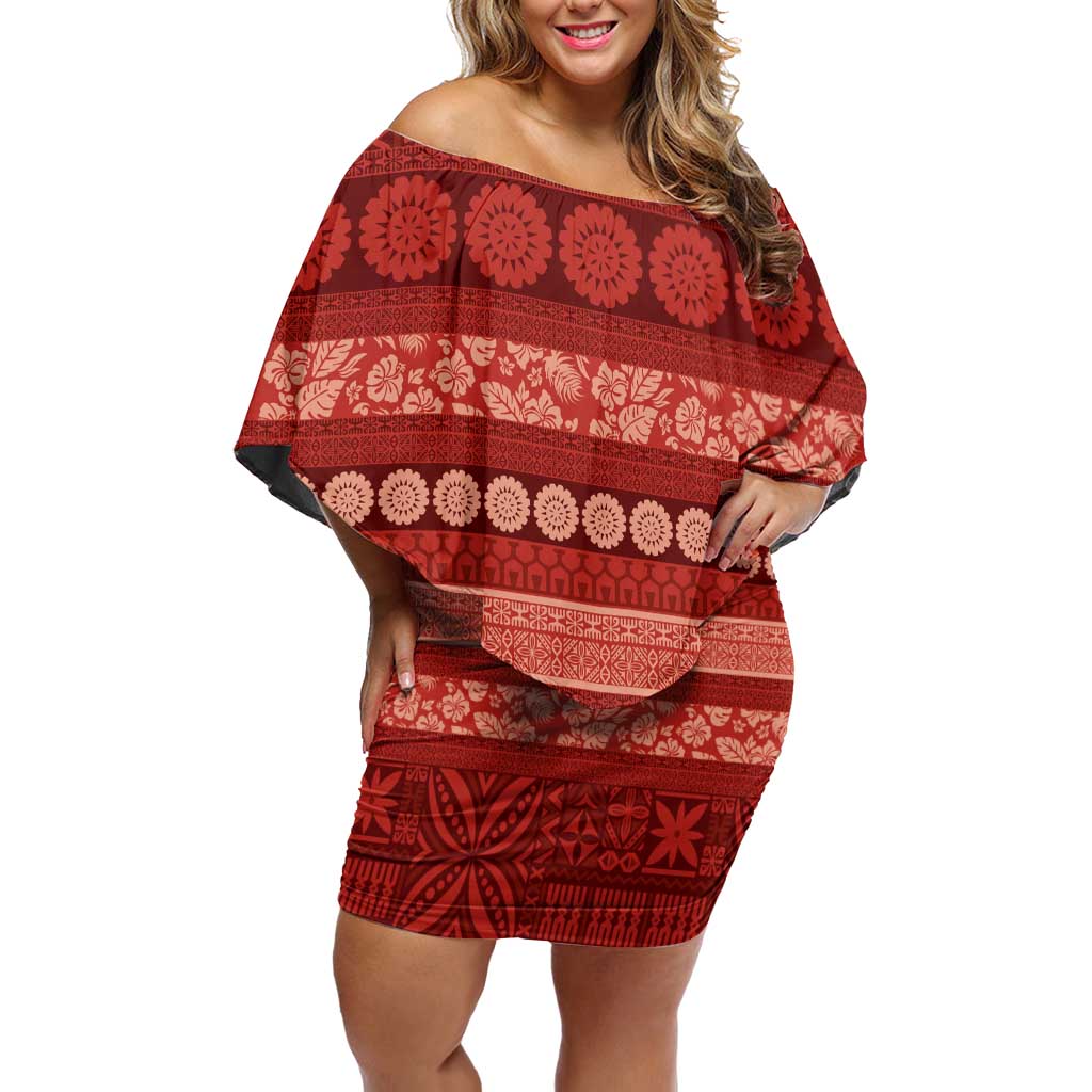 Fiji Marau na Kerisimasi Family Matching Off Shoulder Short Dress and Hawaiian Shirt Red Tapa Masi Inspired Christmas LT9 Mom's Dress Red - Polynesian Pride