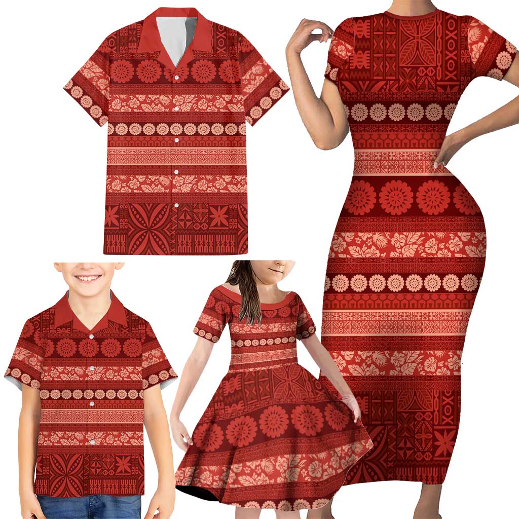 Fiji Marau na Kerisimasi Family Matching Short Sleeve Bodycon Dress and Hawaiian Shirt Red Tapa Masi Inspired Christmas LT9 - Polynesian Pride