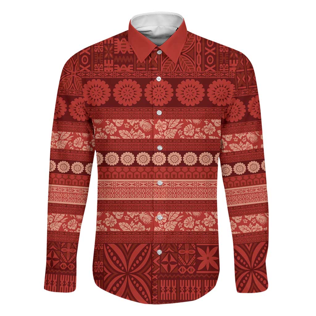 Fiji Marau na Kerisimasi Family Matching Short Sleeve Bodycon Dress and Hawaiian Shirt Red Tapa Masi Inspired Christmas LT9 Dad's Shirt - Long Sleeve Red - Polynesian Pride