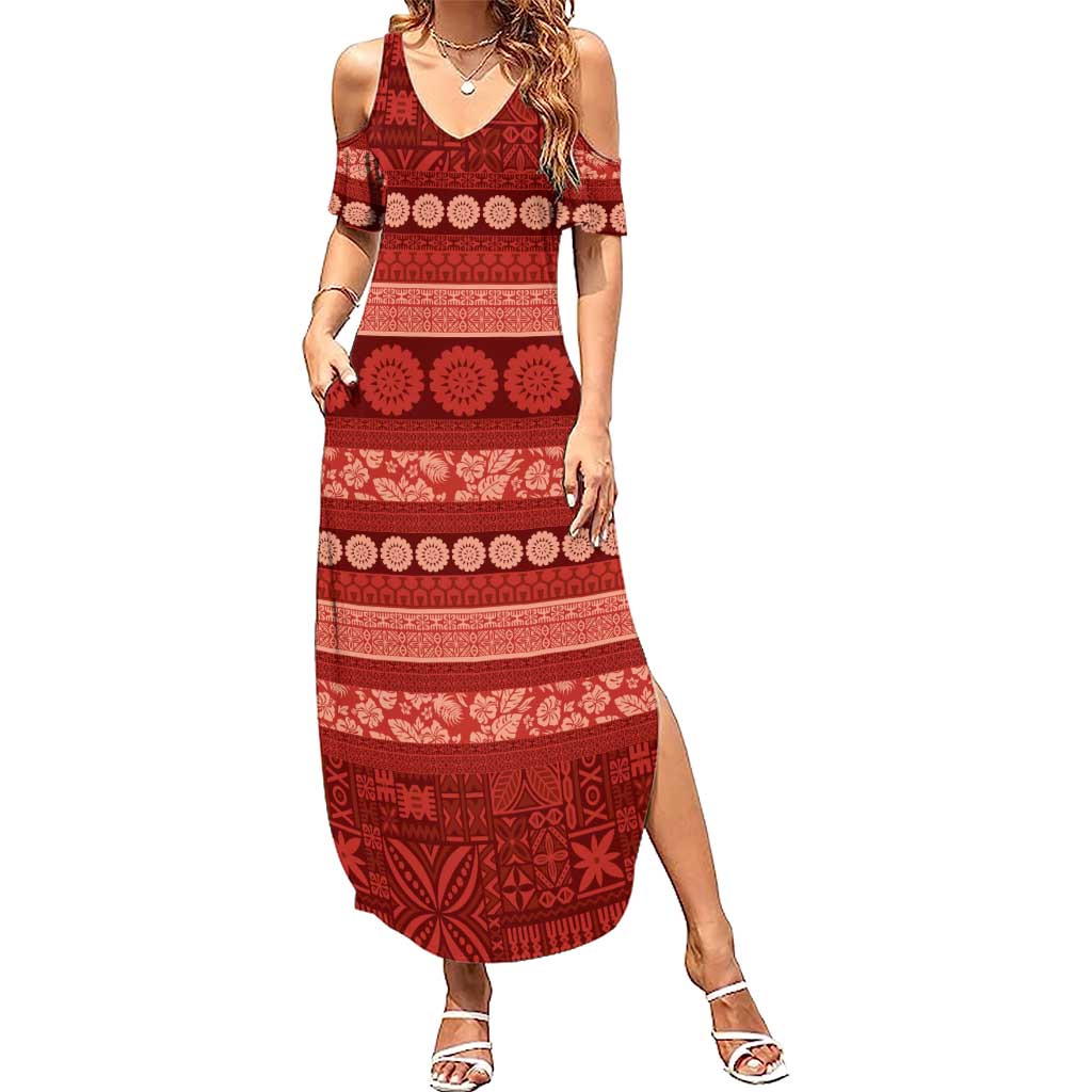 Fiji Marau na Kerisimasi Family Matching Summer Maxi Dress and Hawaiian Shirt Red Tapa Masi Inspired Christmas LT9 Mom's Dress Red - Polynesian Pride