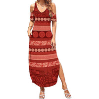 Fiji Marau na Kerisimasi Family Matching Summer Maxi Dress and Hawaiian Shirt Red Tapa Masi Inspired Christmas LT9 Mom's Dress Red - Polynesian Pride