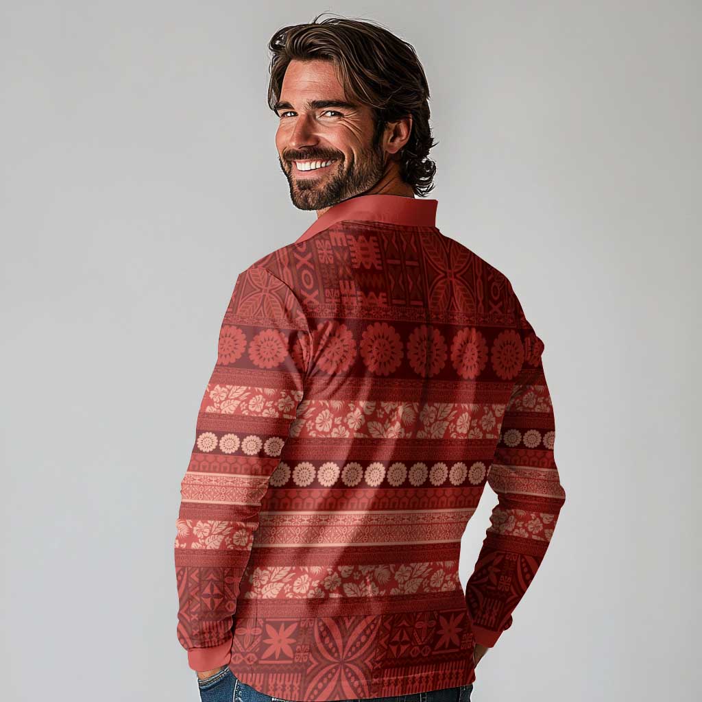 Fiji Marau na Kerisimasi Long Sleeve Polo Shirt Red Tapa Masi Inspired Christmas - Polynesian Pride