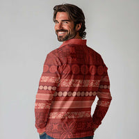 Fiji Marau na Kerisimasi Long Sleeve Polo Shirt Red Tapa Masi Inspired Christmas - Polynesian Pride