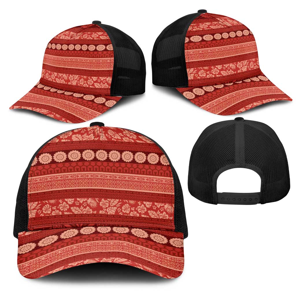Fiji Marau na Kerisimasi Mesh Trucker Cap Red Tapa Masi Inspired Christmas - Polynesian Pride