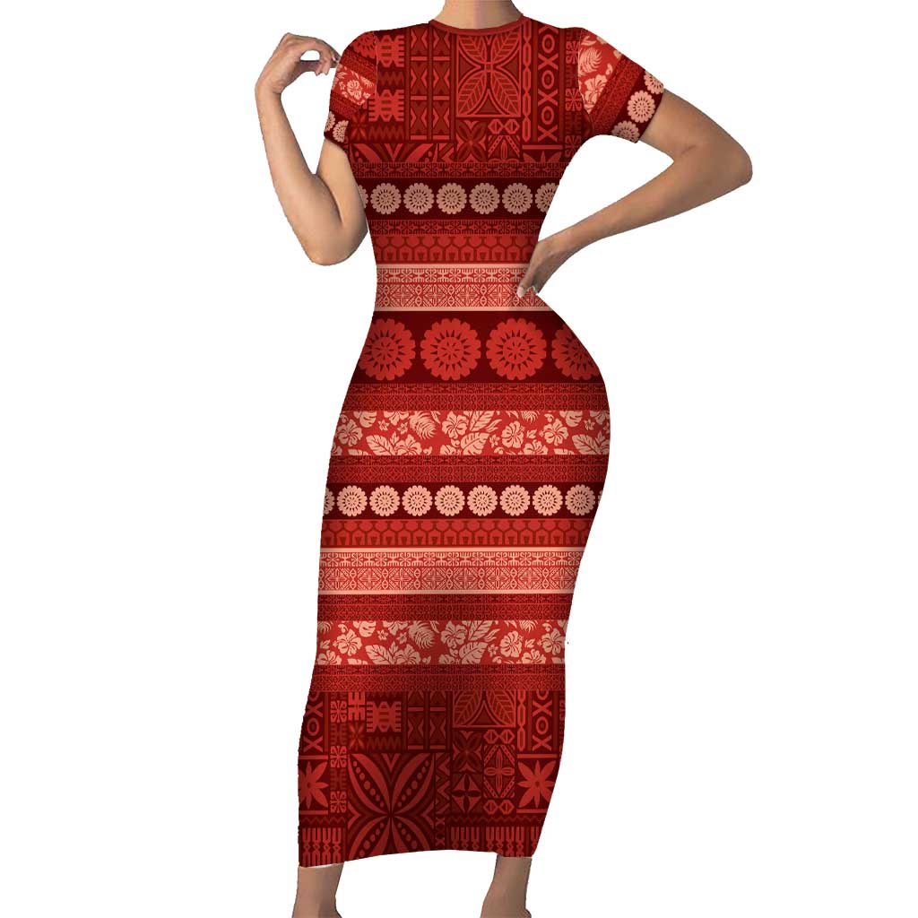 Fiji Marau na Kerisimasi Short Sleeve Bodycon Dress Red Tapa Masi Inspired Christmas - Polynesian Pride