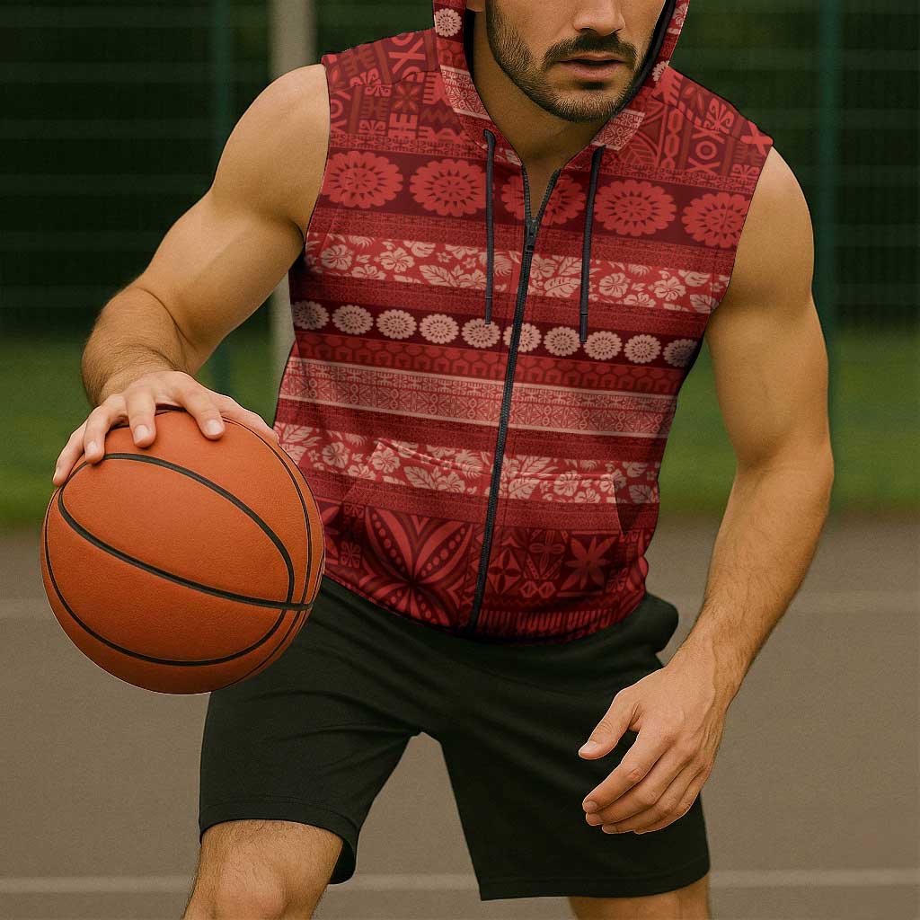 Fiji Marau na Kerisimasi Sleeveless Zip Hoodie Red Tapa Masi Inspired Christmas - Polynesian Pride