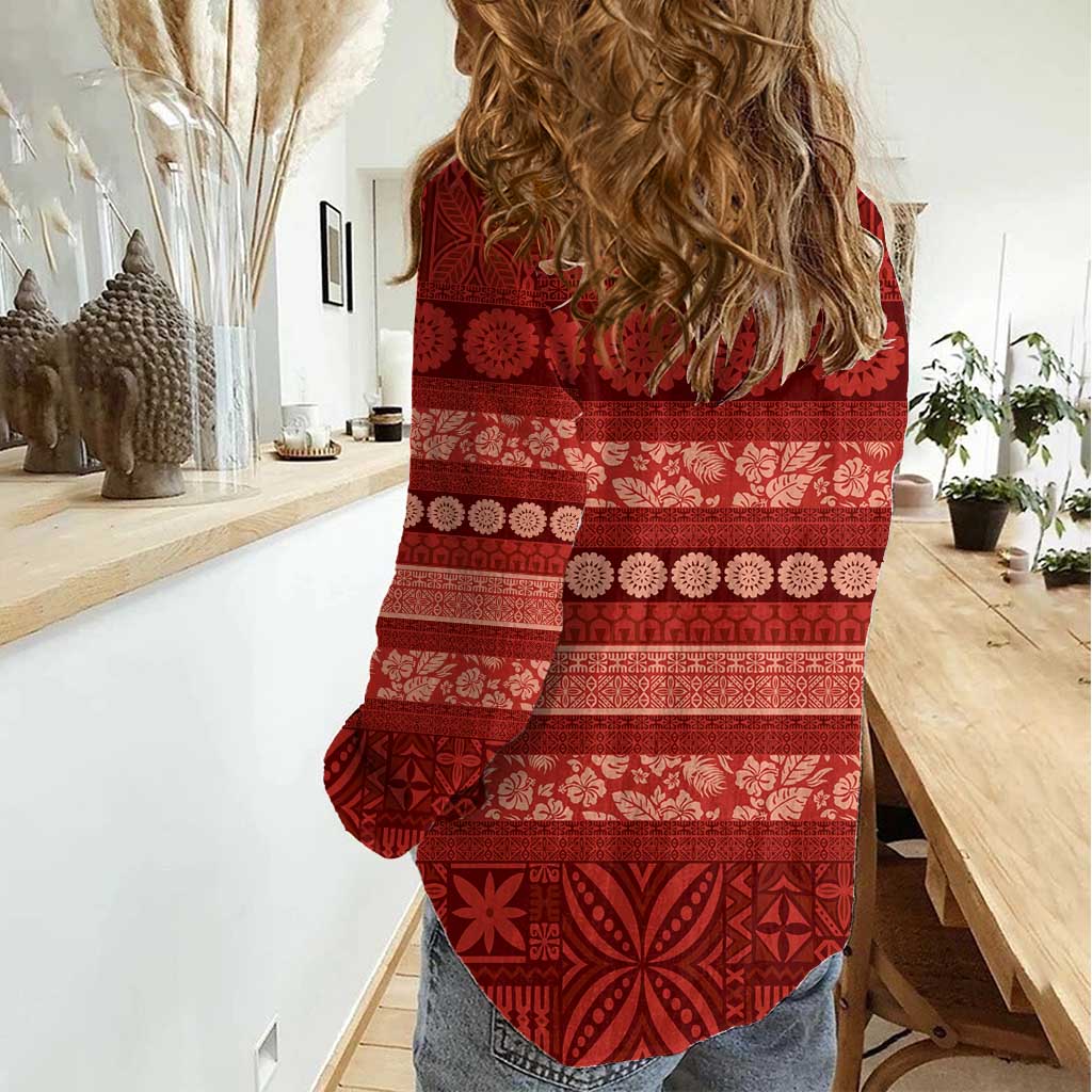 Fiji Marau na Kerisimasi Women Casual Shirt Red Tapa Masi Inspired Christmas - Polynesian Pride