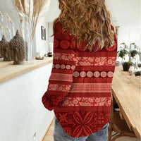 Fiji Marau na Kerisimasi Women Casual Shirt Red Tapa Masi Inspired Christmas - Polynesian Pride