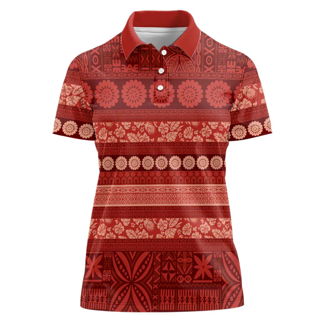 Fiji Marau na Kerisimasi Women Polo Shirt Red Tapa Masi Inspired Christmas - Polynesian Pride