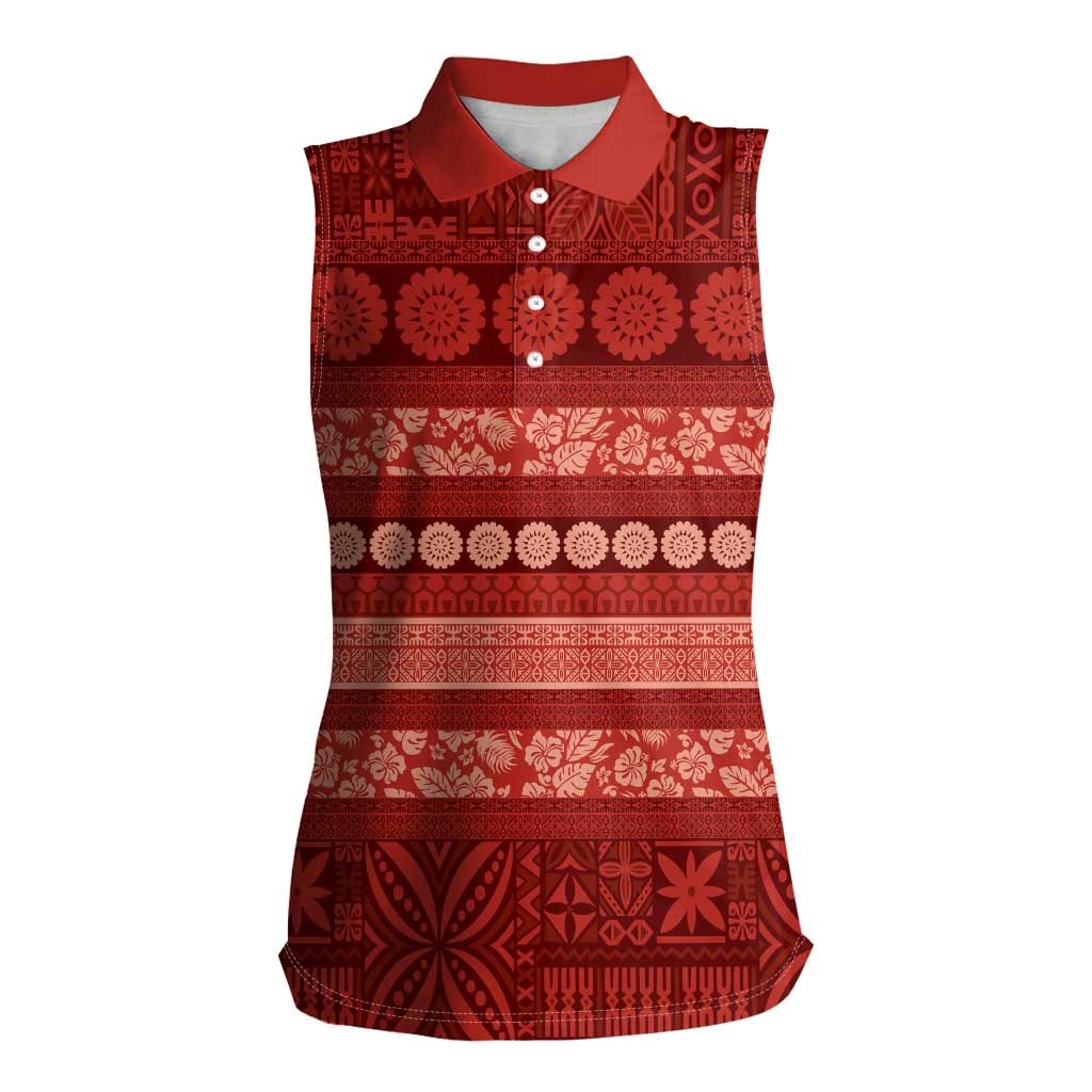 Fiji Marau na Kerisimasi Women Sleeveless Polo Shirt Red Tapa Masi Inspired Christmas LT9 Female Red - Polynesian Pride