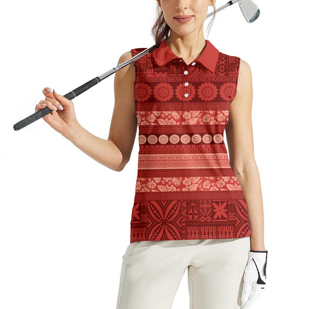 Fiji Marau na Kerisimasi Women Sleeveless Polo Shirt Red Tapa Masi Inspired Christmas LT9 - Polynesian Pride