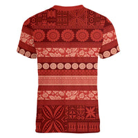 Fiji Marau na Kerisimasi Women V-Neck T-Shirt Red Tapa Masi Inspired Christmas - Polynesian Pride
