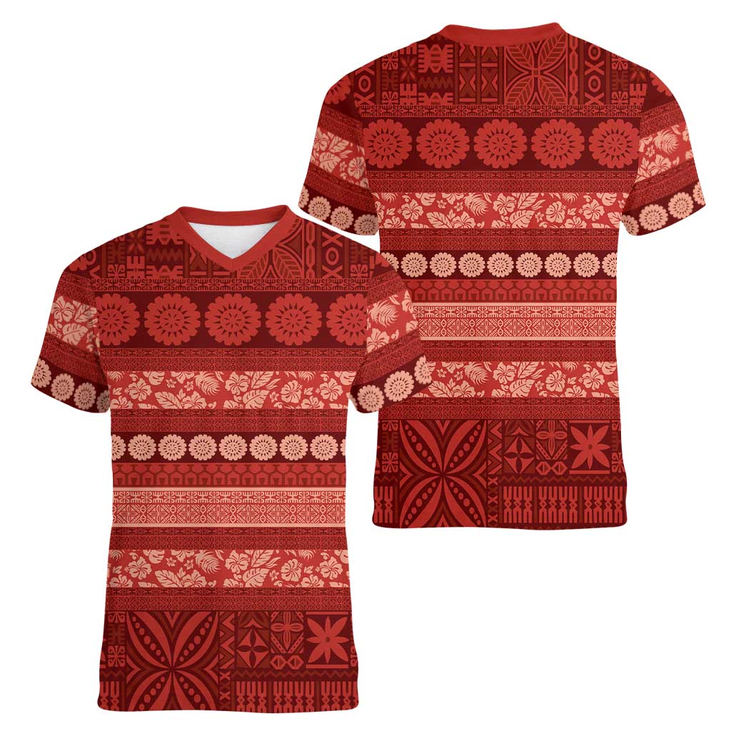Fiji Marau na Kerisimasi Women V-Neck T-Shirt Red Tapa Masi Inspired Christmas - Polynesian Pride