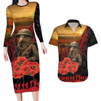 Maori Kiwi Soldier Fern Tattoo ANZAC Day Couples Matching Long Sleeve Bodycon Dress and Hawaiian Shirt Lest We Forget LT9 Black - Polynesian Pride