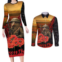 Maori Kiwi Soldier Fern Tattoo ANZAC Day Couples Matching Long Sleeve Bodycon Dress and Long Sleeve Button Shirt Lest We Forget LT9 Black - Polynesian Pride