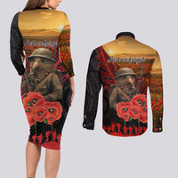 Maori Kiwi Soldier Fern Tattoo ANZAC Day Couples Matching Long Sleeve Bodycon Dress and Long Sleeve Button Shirt Lest We Forget LT9 - Polynesian Pride