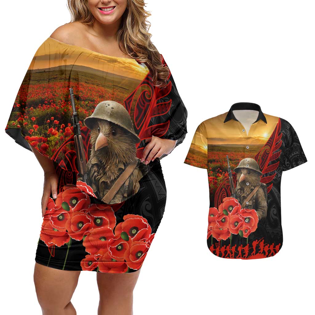 Maori Kiwi Soldier Fern Tattoo ANZAC Day Couples Matching Off Shoulder Short Dress and Hawaiian Shirt Lest We Forget LT9 Black - Polynesian Pride