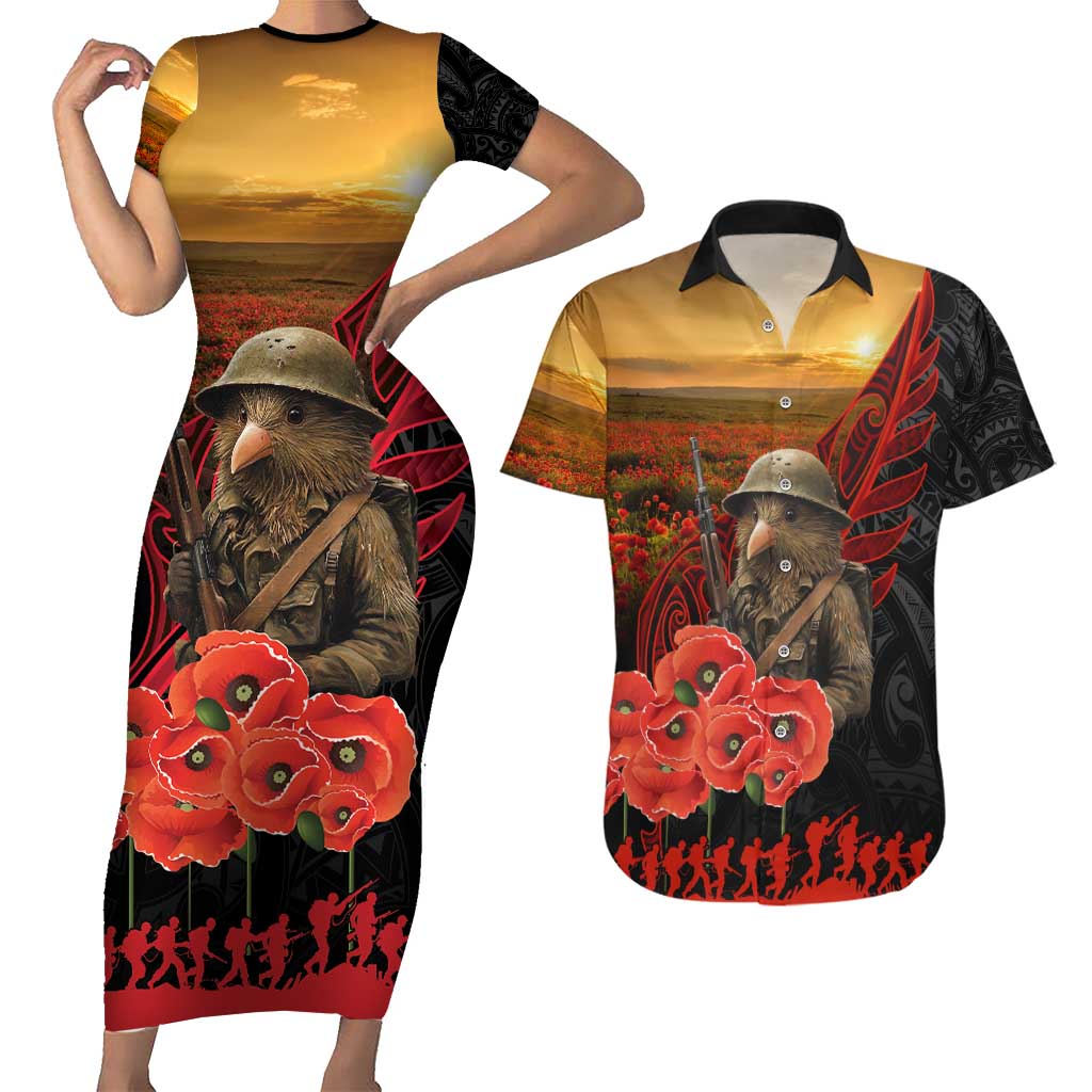 Maori Kiwi Soldier Fern Tattoo ANZAC Day Couples Matching Short Sleeve Bodycon Dress and Hawaiian Shirt Lest We Forget LT9 Black - Polynesian Pride