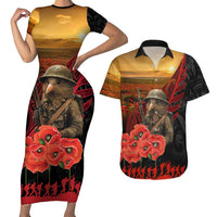 Maori Kiwi Soldier Fern Tattoo ANZAC Day Couples Matching Short Sleeve Bodycon Dress and Hawaiian Shirt Lest We Forget LT9 Black - Polynesian Pride