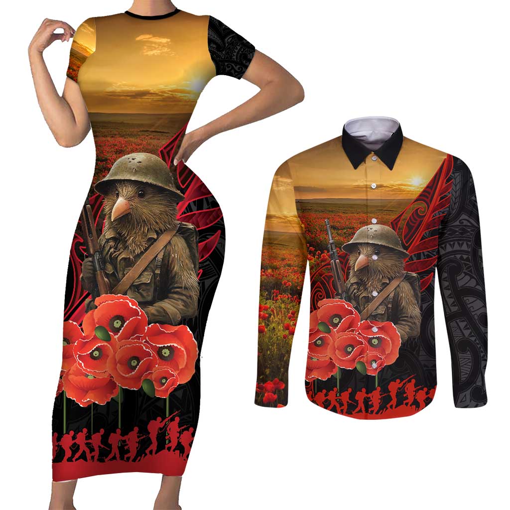 Maori Kiwi Soldier Fern Tattoo ANZAC Day Couples Matching Short Sleeve Bodycon Dress and Long Sleeve Button Shirt Lest We Forget LT9 Black - Polynesian Pride
