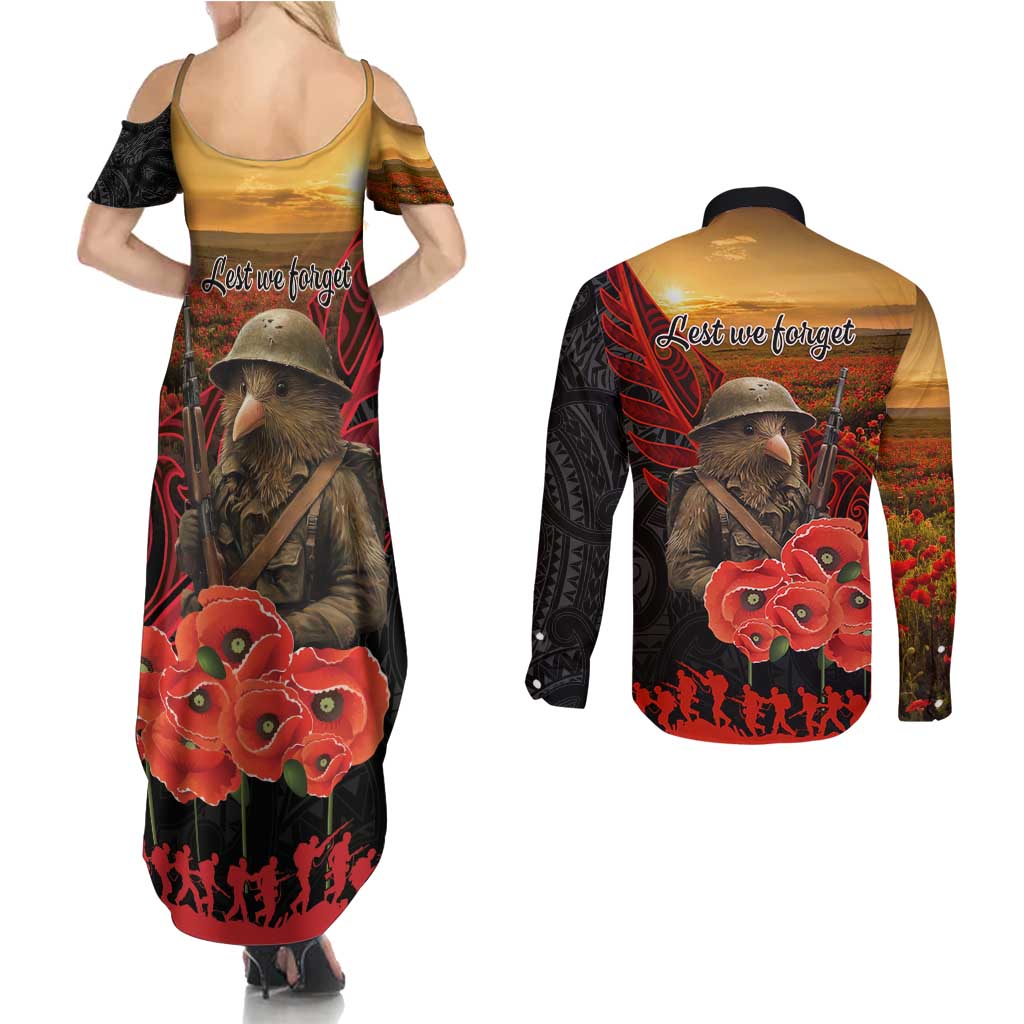 Maori Kiwi Soldier Fern Tattoo ANZAC Day Couples Matching Summer Maxi Dress and Long Sleeve Button Shirt Lest We Forget LT9 - Polynesian Pride