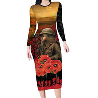 Maori Kiwi Soldier Fern Tattoo ANZAC Day Family Matching Long Sleeve Bodycon Dress and Hawaiian Shirt Lest We Forget LT9 Mom's Dress Black - Polynesian Pride