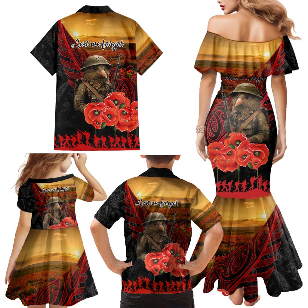 Maori Kiwi Soldier Fern Tattoo ANZAC Day Family Matching Mermaid Dress and Hawaiian Shirt Lest We Forget LT9 - Polynesian Pride