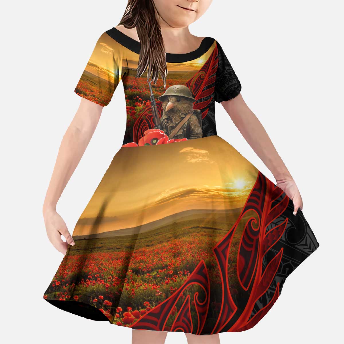 Maori Kiwi Soldier Fern Tattoo ANZAC Day Family Matching Off The Shoulder Long Sleeve Dress and Hawaiian Shirt Lest We Forget LT9 Daughter's Dress Black - Polynesian Pride