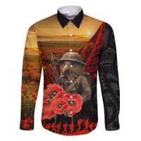 Maori Kiwi Soldier Fern Tattoo ANZAC Day Family Matching Off The Shoulder Long Sleeve Dress and Hawaiian Shirt Lest We Forget LT9 Dad's Shirt - Long Sleeve Black - Polynesian Pride
