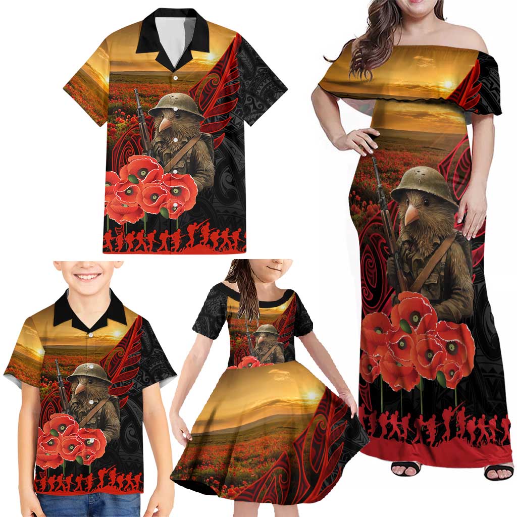 Maori Kiwi Soldier Fern Tattoo ANZAC Day Family Matching Off Shoulder Maxi Dress and Hawaiian Shirt Lest We Forget LT9 - Polynesian Pride