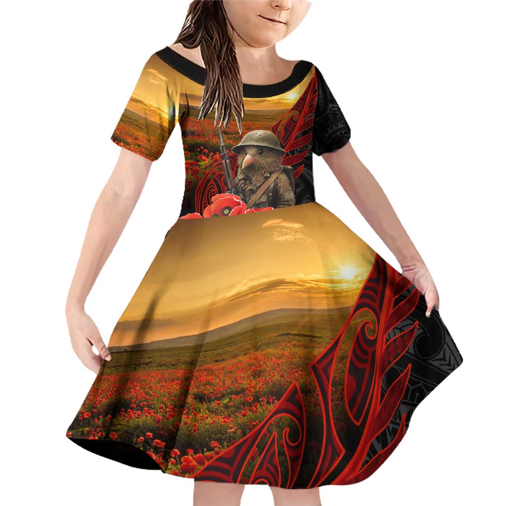 Maori Kiwi Soldier Fern Tattoo ANZAC Day Family Matching Off Shoulder Short Dress and Hawaiian Shirt Lest We Forget LT9 Daughter's Dress Black - Polynesian Pride